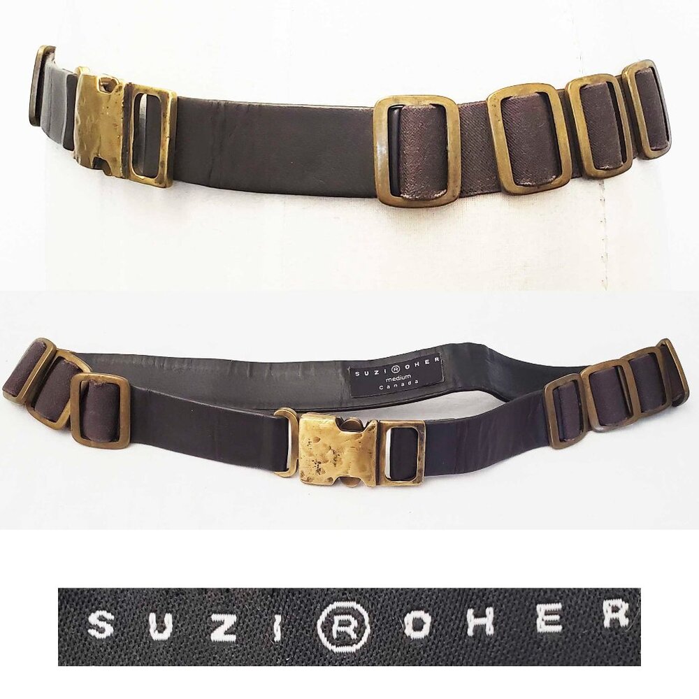 Suzi Roher Womens Dark Chocolate Brown Leather Brass Buckle Belt with Elastic M
